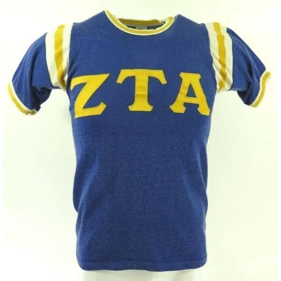 Vintage 50s ZTA Zeta Tau Alpha Jersey TShirt S Blue Sorority Fraternity Applique - Picture 1 of 5